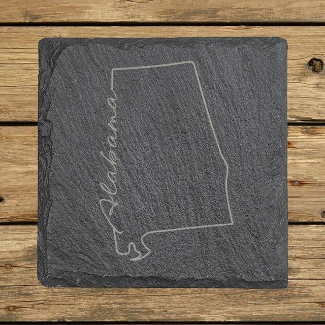 Alabama square slate coaster engraved with the state outline and Alabama in script lettering