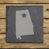Alabama square slate coaster engraved with the state shape and a star