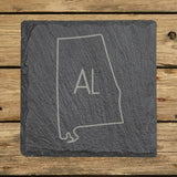Alabama square slate coaster engraved with the state outline and AL initials