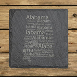 Alabama square slate coaster engraved with a word cloud of repeating Alabama text