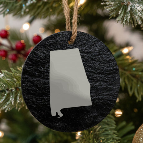 Alabama round slate Christmas ornament with the full state shape engraved