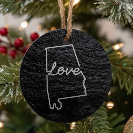 Alabama round slate Christmas ornament engraved with a hand-drawn state outline and love in cursive