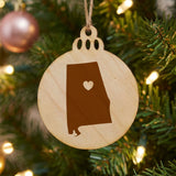 Alabama round wood Christmas ornament engraved with the state shape and a heart