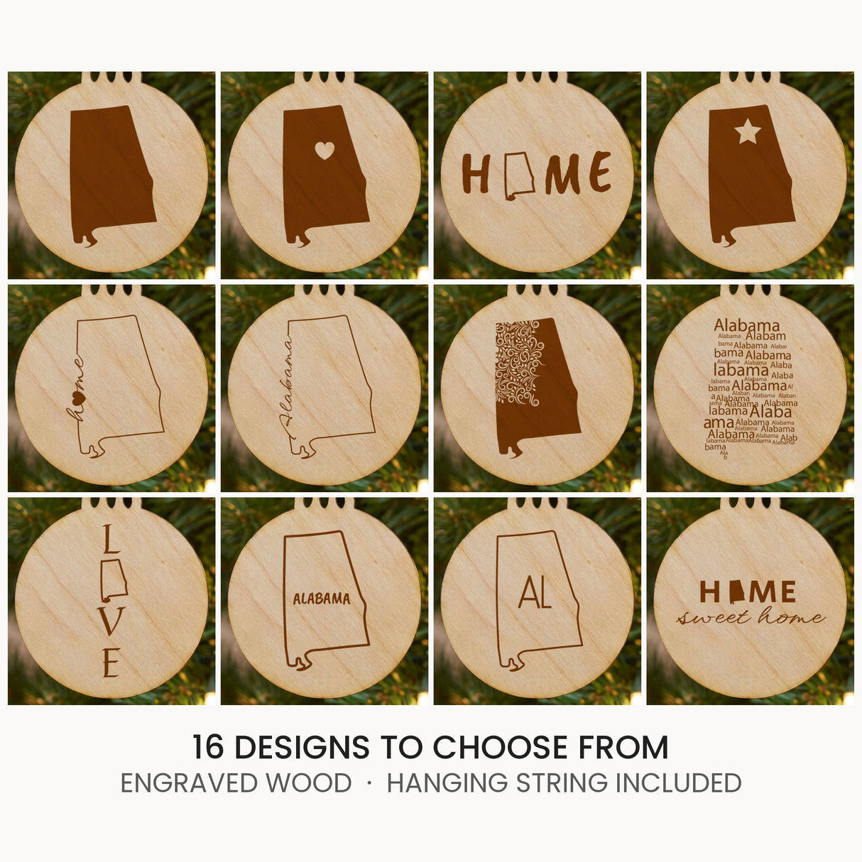 Alabama wood Christmas ornament, laser engraved natural wood