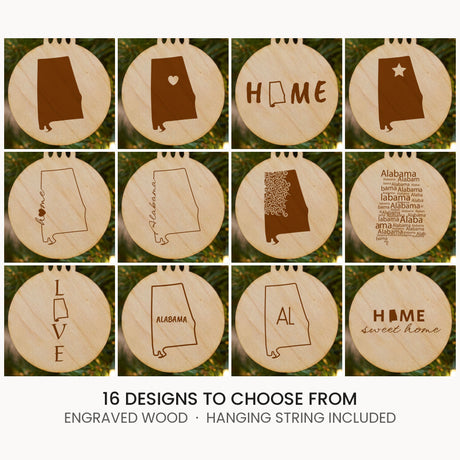 Alabama wood Christmas ornament, laser engraved natural wood