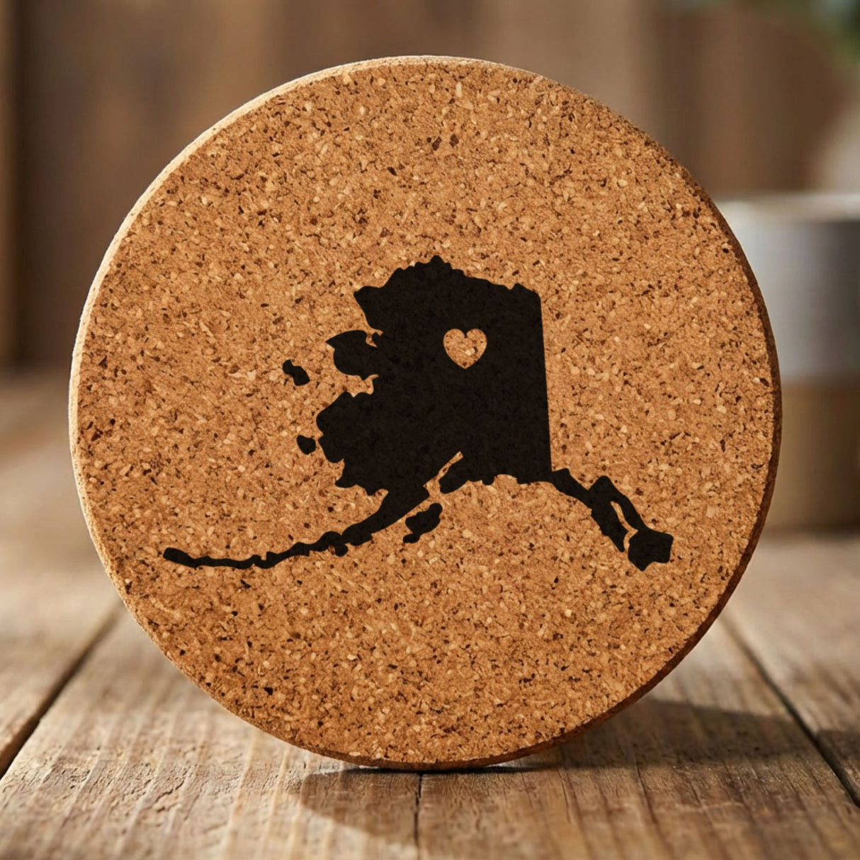 Alaska round cork coaster engraved with the state shape and a heart