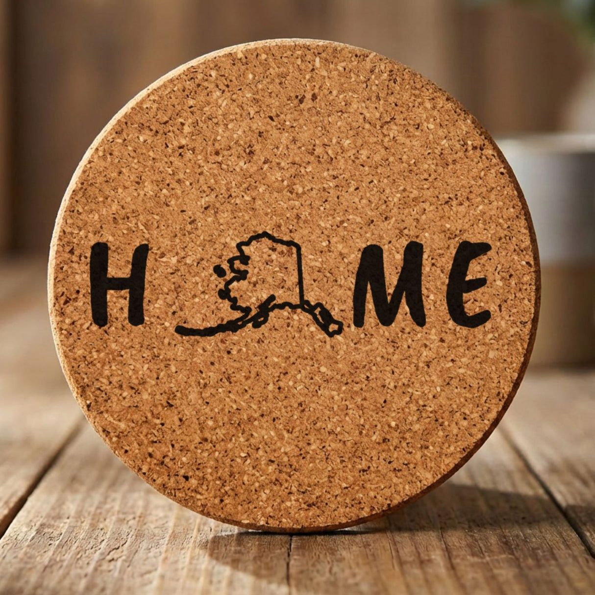 Alaska round cork coaster engraved with HOME using the state outline as the letter O