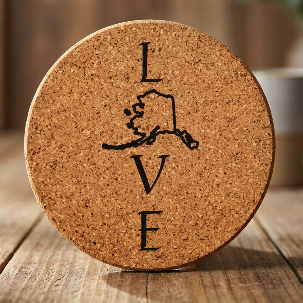 Alaska round cork coaster engraved with LOVE stacked vertically using the state as the letter O