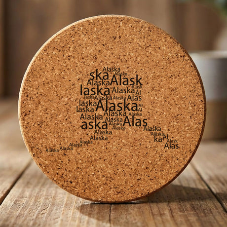 Alaska round cork coaster engraved with a word cloud of repeating Alaska text