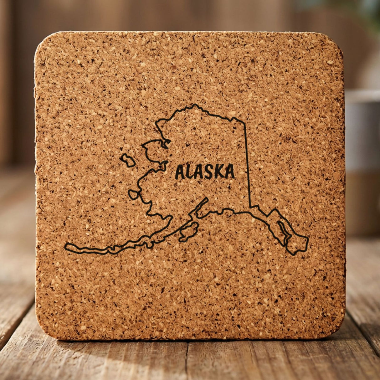 Alaska square cork coaster engraved with the state outline and ALASKA in hand-drawn brush lettering