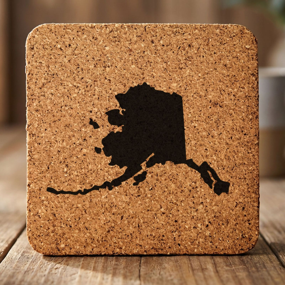 Alaska square cork coaster with the full state shape engraved
