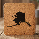 Alaska square cork coaster with the full state shape engraved