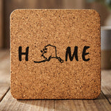 Alaska square cork coaster engraved with HOME using the state outline as the letter O