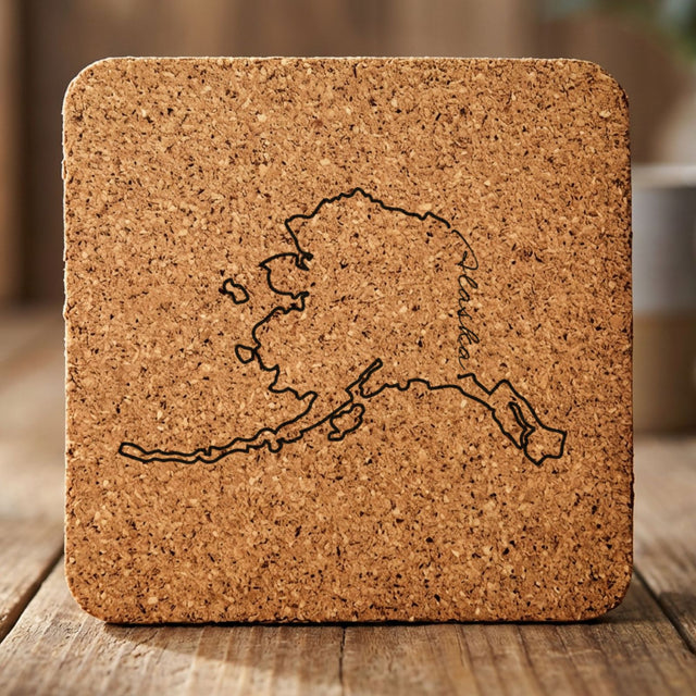 Alaska square cork coaster engraved with the state outline and Alaska in script lettering