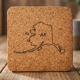 Alaska square cork coaster engraved with the state outline and AK initials
