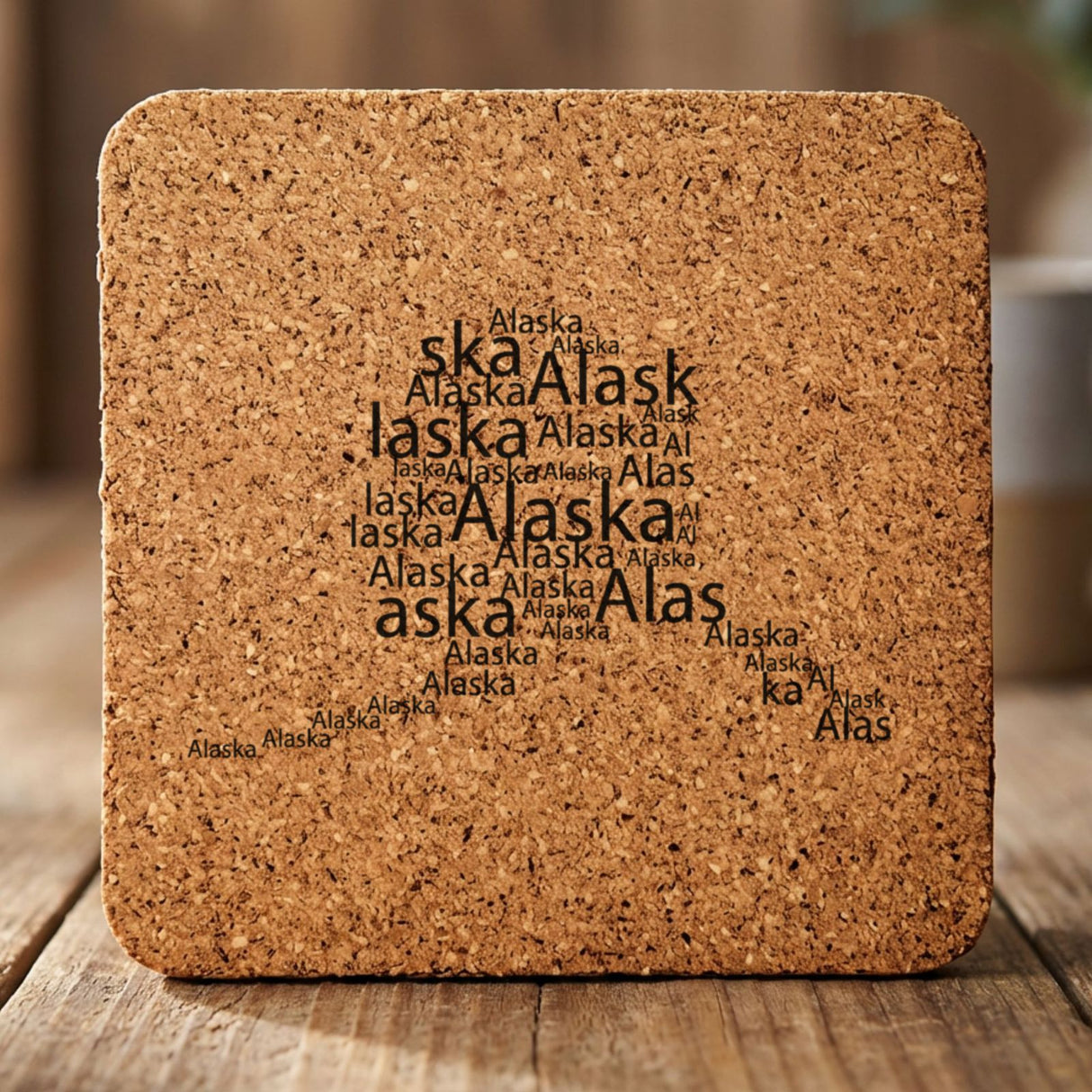 Alaska square cork coaster engraved with a word cloud of repeating Alaska text