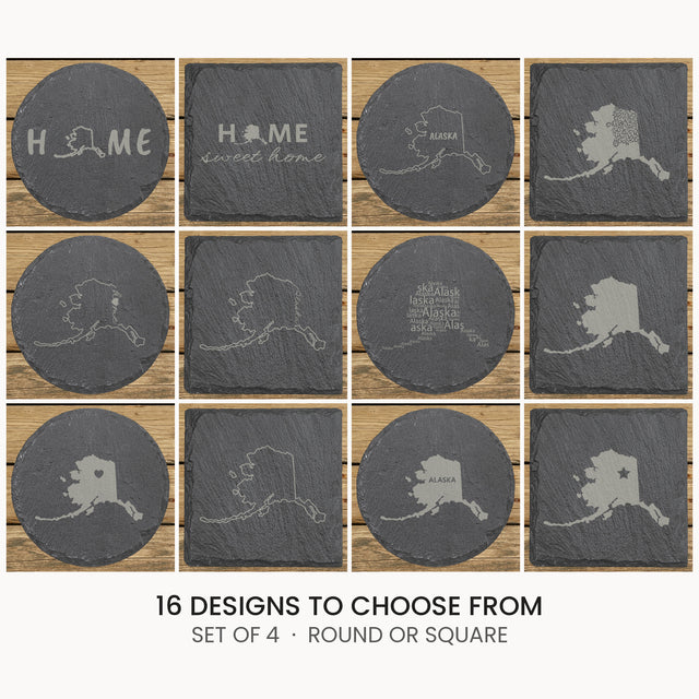 Alaska slate coaster set, laser engraved natural stone