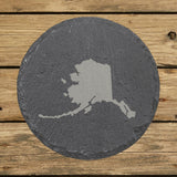 Alaska round slate coaster with the full state shape engraved