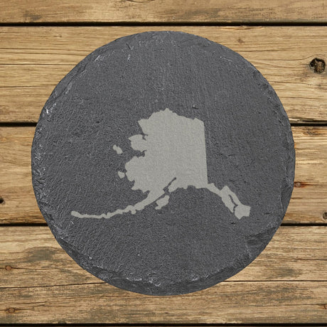 Alaska round slate coaster with the full state shape engraved