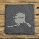 Alaska square slate coaster engraved with the state shape and ALASKA in bold lettering