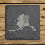 Alaska square slate coaster engraved with the state shape in ornate floral scrollwork