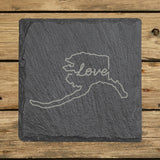 Alaska square slate coaster engraved with a hand-drawn state outline and love in cursive