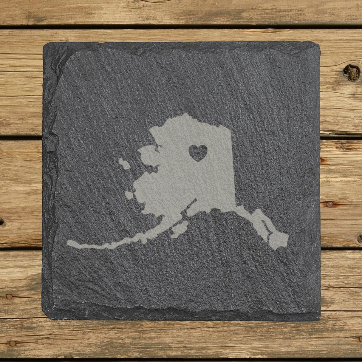 Alaska square slate coaster engraved with the state shape and a heart