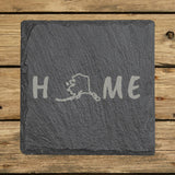 Alaska square slate coaster engraved with HOME using the state outline as the letter O