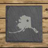 Alaska square slate coaster engraved with the state shape and a star