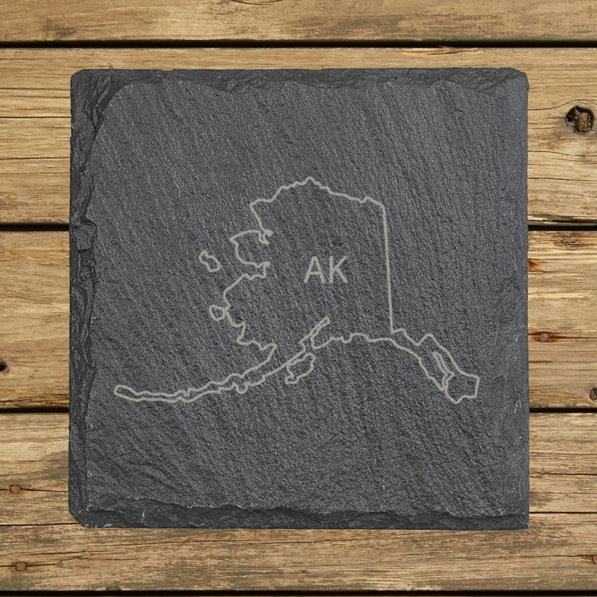 Alaska square slate coaster engraved with the state outline and AK initials