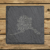 Alaska square slate coaster engraved with a word cloud of repeating Alaska text
