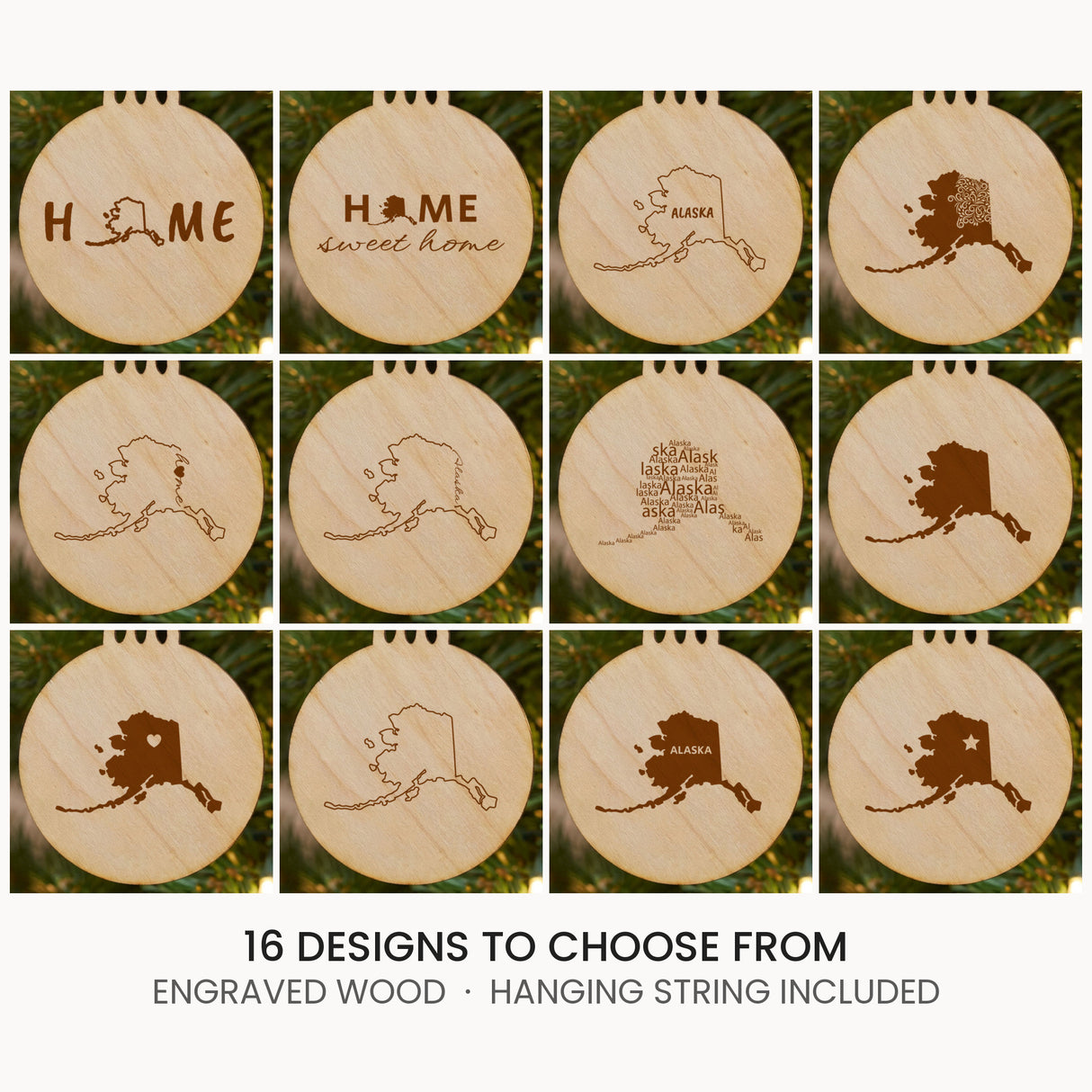 Alaska wood Christmas ornament, laser engraved natural wood