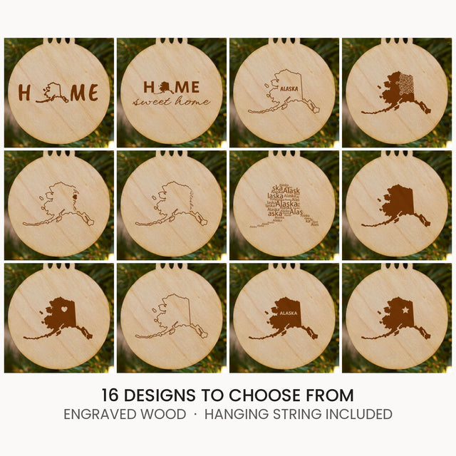 Alaska wood Christmas ornament, laser engraved natural wood