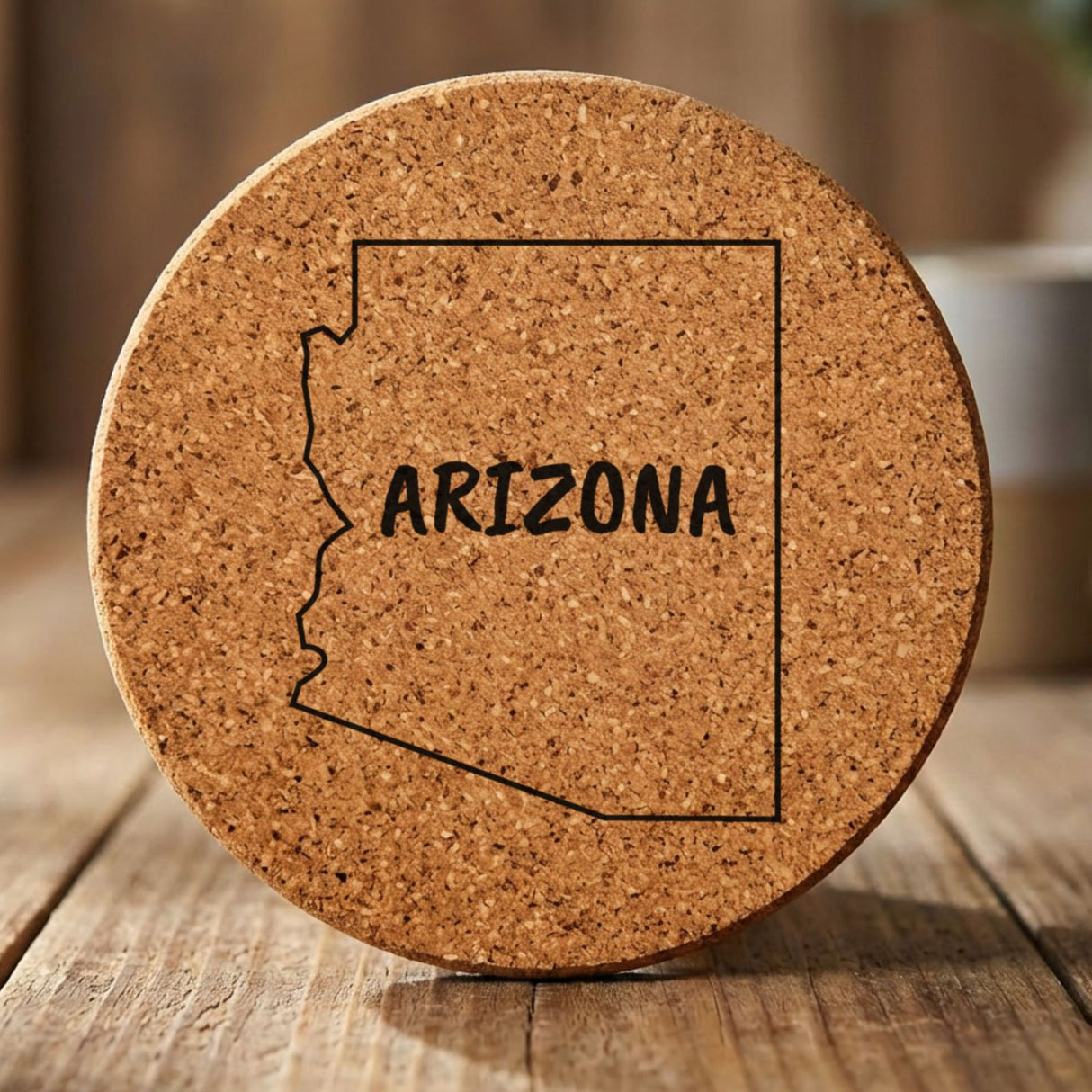 Arizona round cork coaster engraved with the state outline and ARIZONA in hand-drawn brush lettering