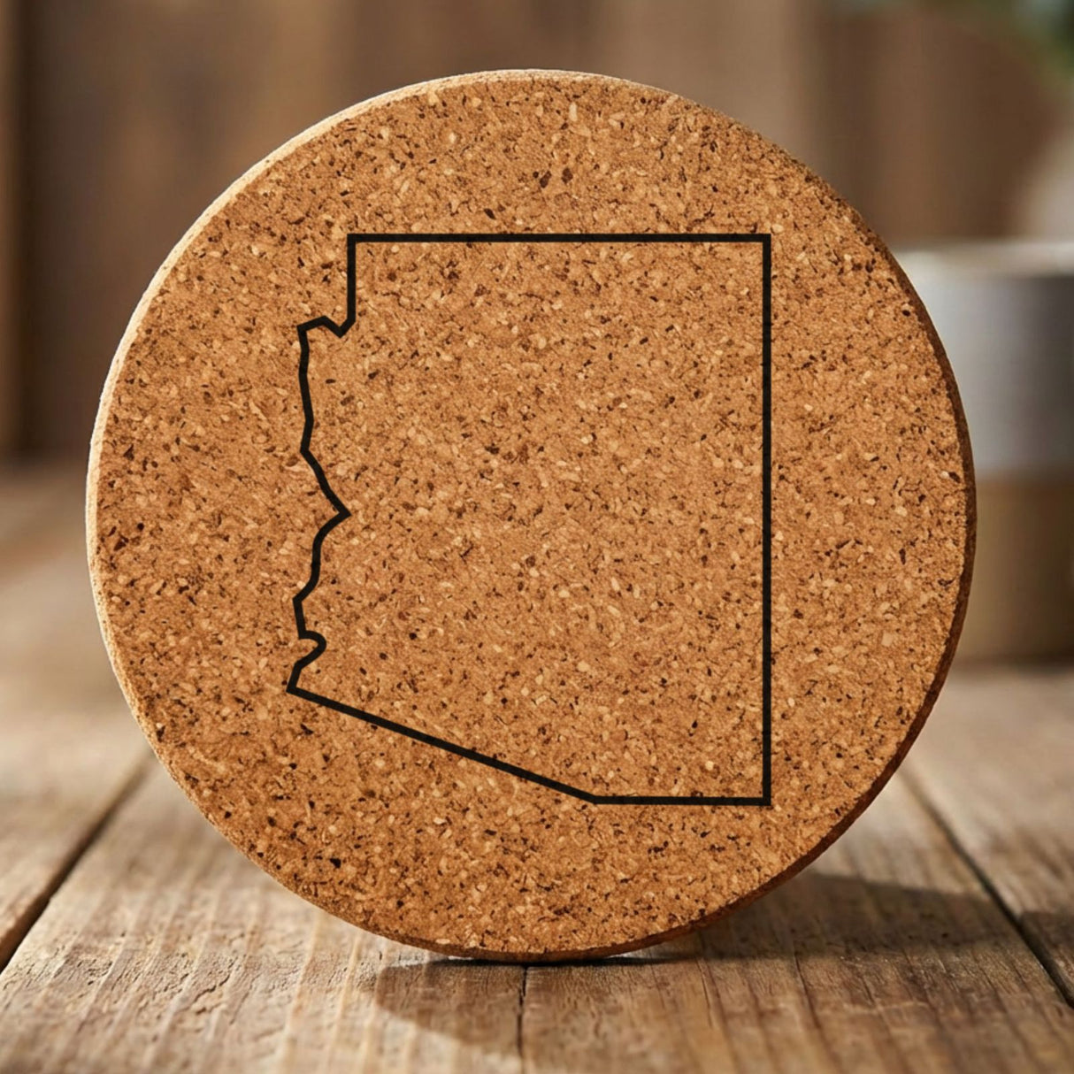 Arizona round cork coaster engraved with a clean state outline
