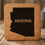 Arizona square cork coaster engraved with the state shape and ARIZONA in bold lettering