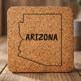 Arizona square cork coaster engraved with the state outline and ARIZONA in hand-drawn brush lettering