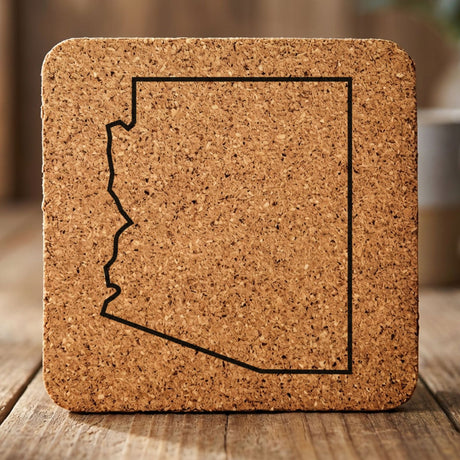 Arizona square cork coaster engraved with a clean state outline