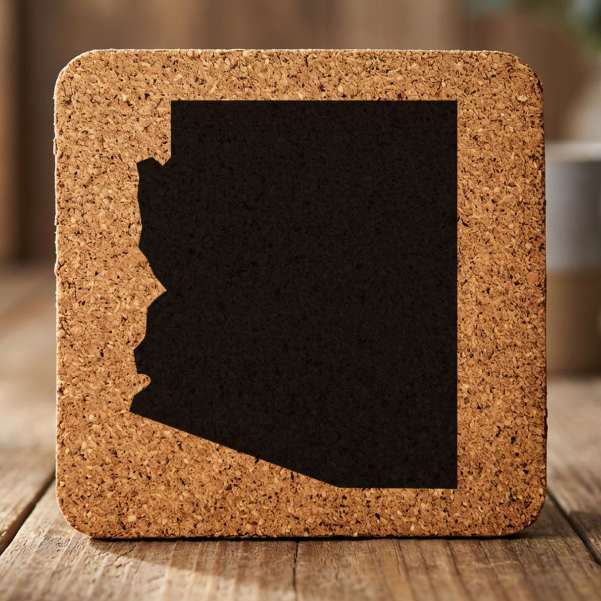 Arizona square cork coaster with the full state shape engraved