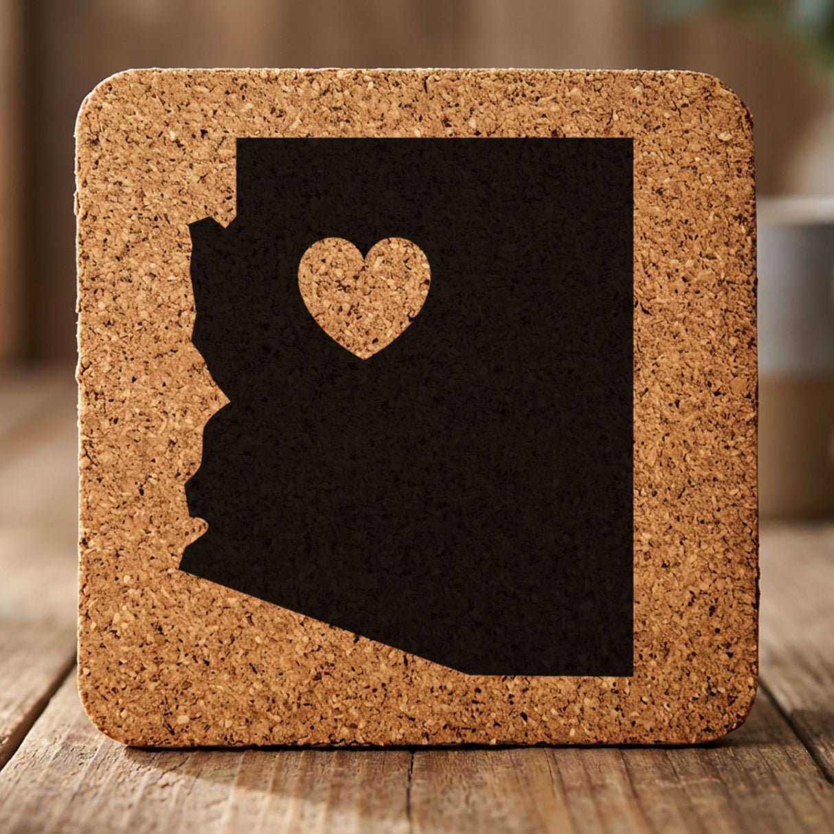 Arizona square cork coaster engraved with the state shape and a heart