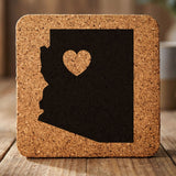 Arizona square cork coaster engraved with the state shape and a heart
