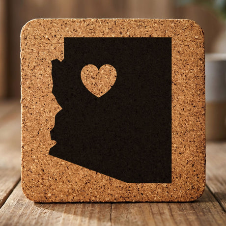 Arizona square cork coaster engraved with the state shape and a heart