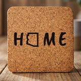 Arizona square cork coaster engraved with HOME using the state outline as the letter O
