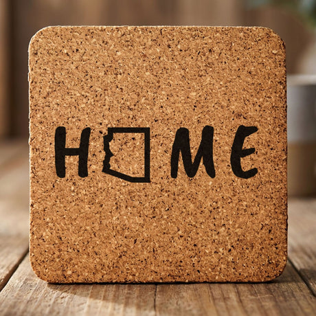 Arizona square cork coaster engraved with HOME using the state outline as the letter O