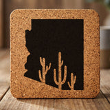 Arizona square cork coaster engraved with the state shape and saguaro cacti