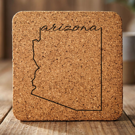 Arizona square cork coaster engraved with the state outline and Arizona in script lettering