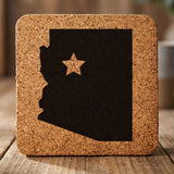Arizona square cork coaster engraved with the state shape and a star