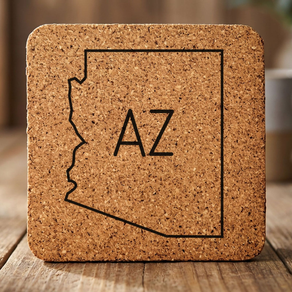Arizona square cork coaster engraved with the state outline and AZ initials