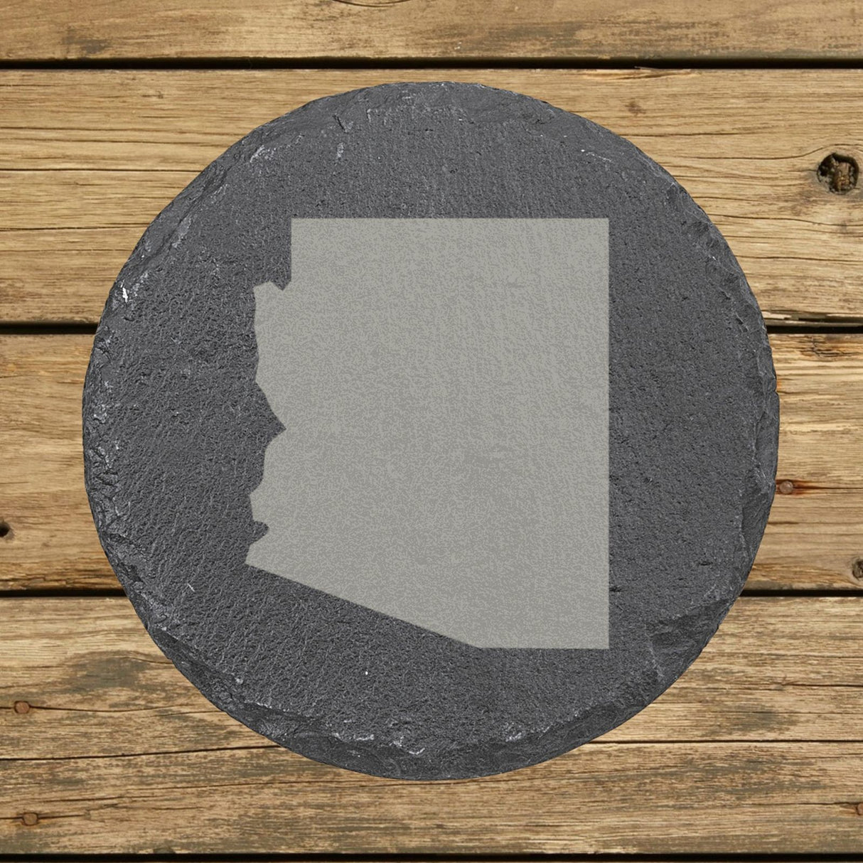 Arizona round slate coaster with the full state shape engraved