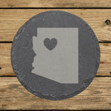 Arizona round slate coaster engraved with the state shape and a heart